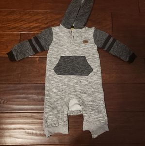 Gray Black & Burgundy Romper with Fur lined hood